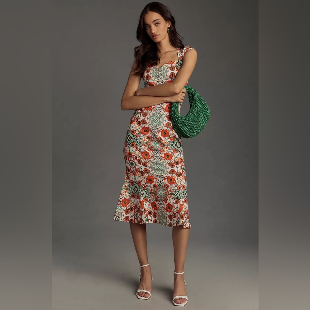 CECILY FIT & FLARE SWEETHEART MIDI DRESS BY MAEVE in Orange Motif